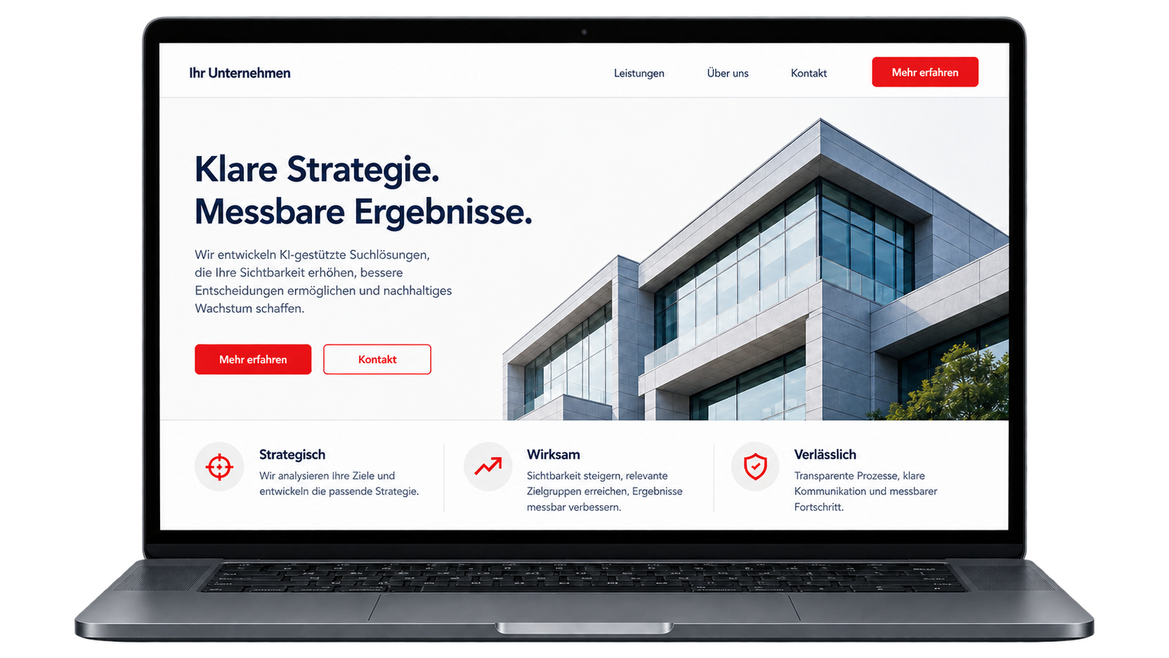 Laptop mit einer professionellen, für Google und KI-Suchen optimierten Unternehmenswebsite